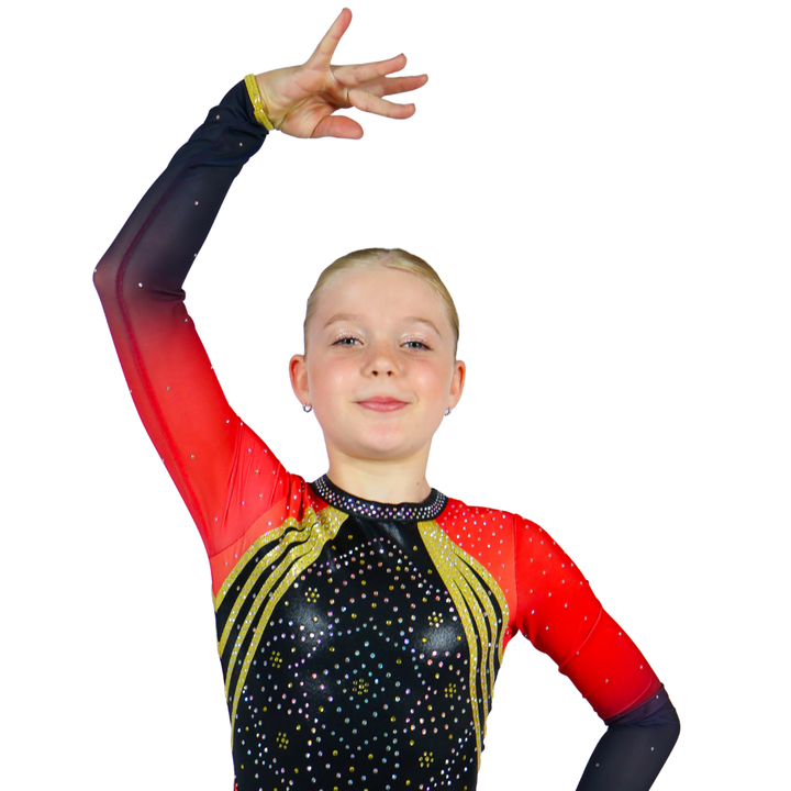 Gymnastic Leotard Nikki Black Red Gold Long Sleeve