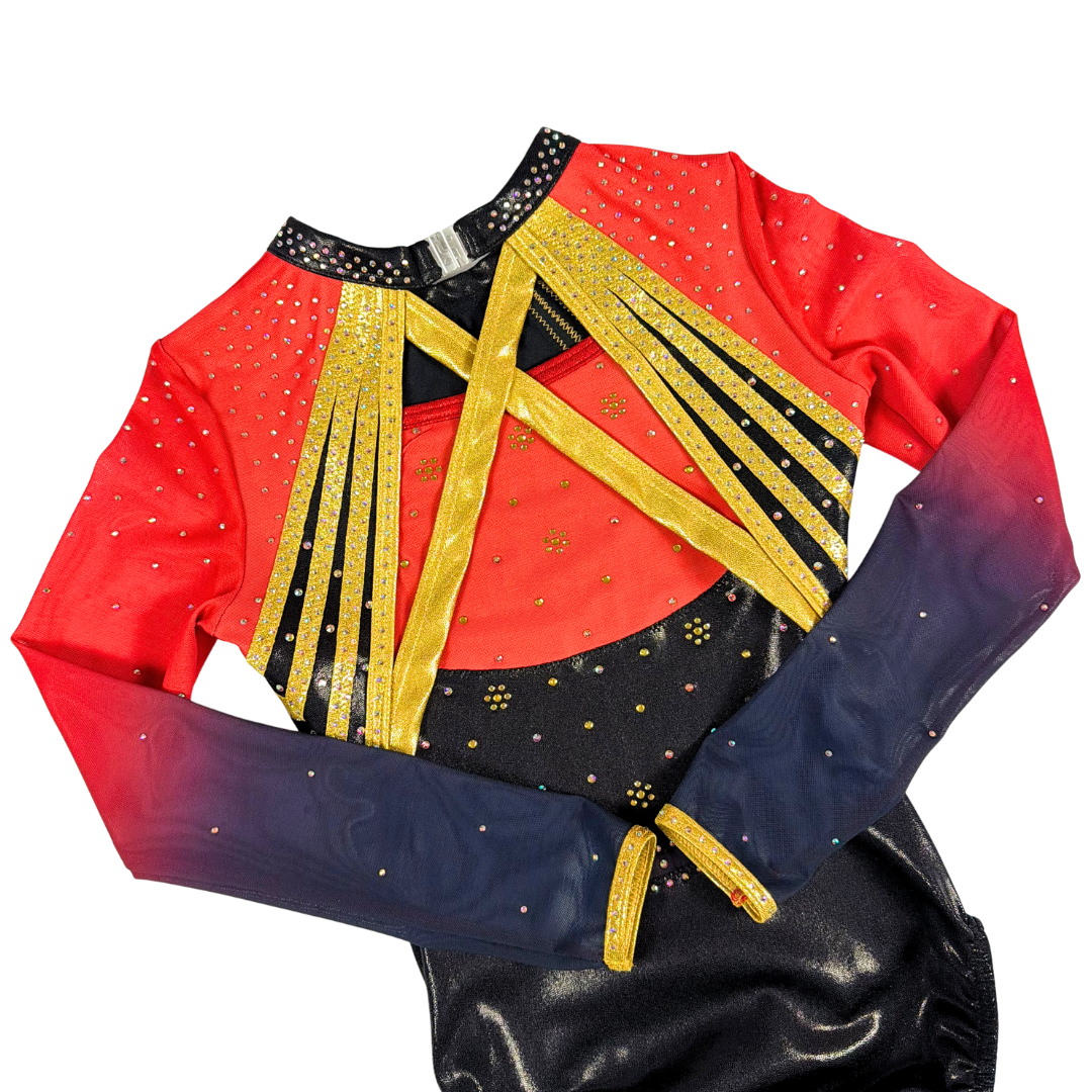 Gymnastic Leotard Nikki Black Red Gold Long Sleeve