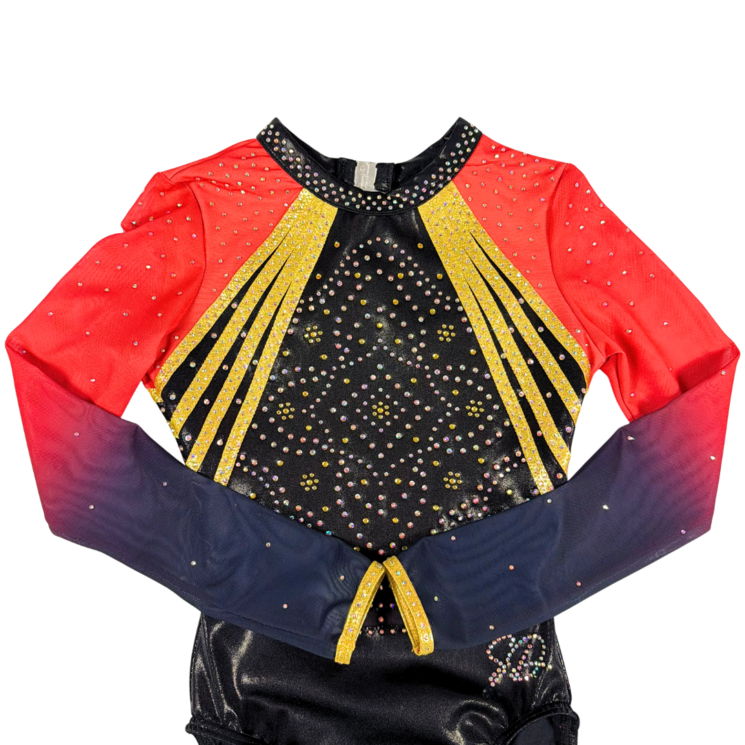 Gymnastic Leotard Nikki Black Red Gold Long Sleeve