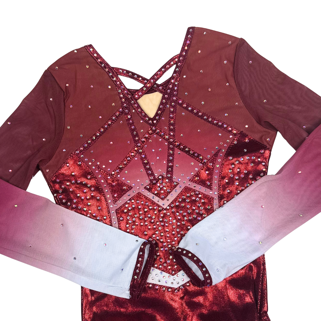 Quinty Bordeaux White Long Sleeve Gymnastics Leotard
