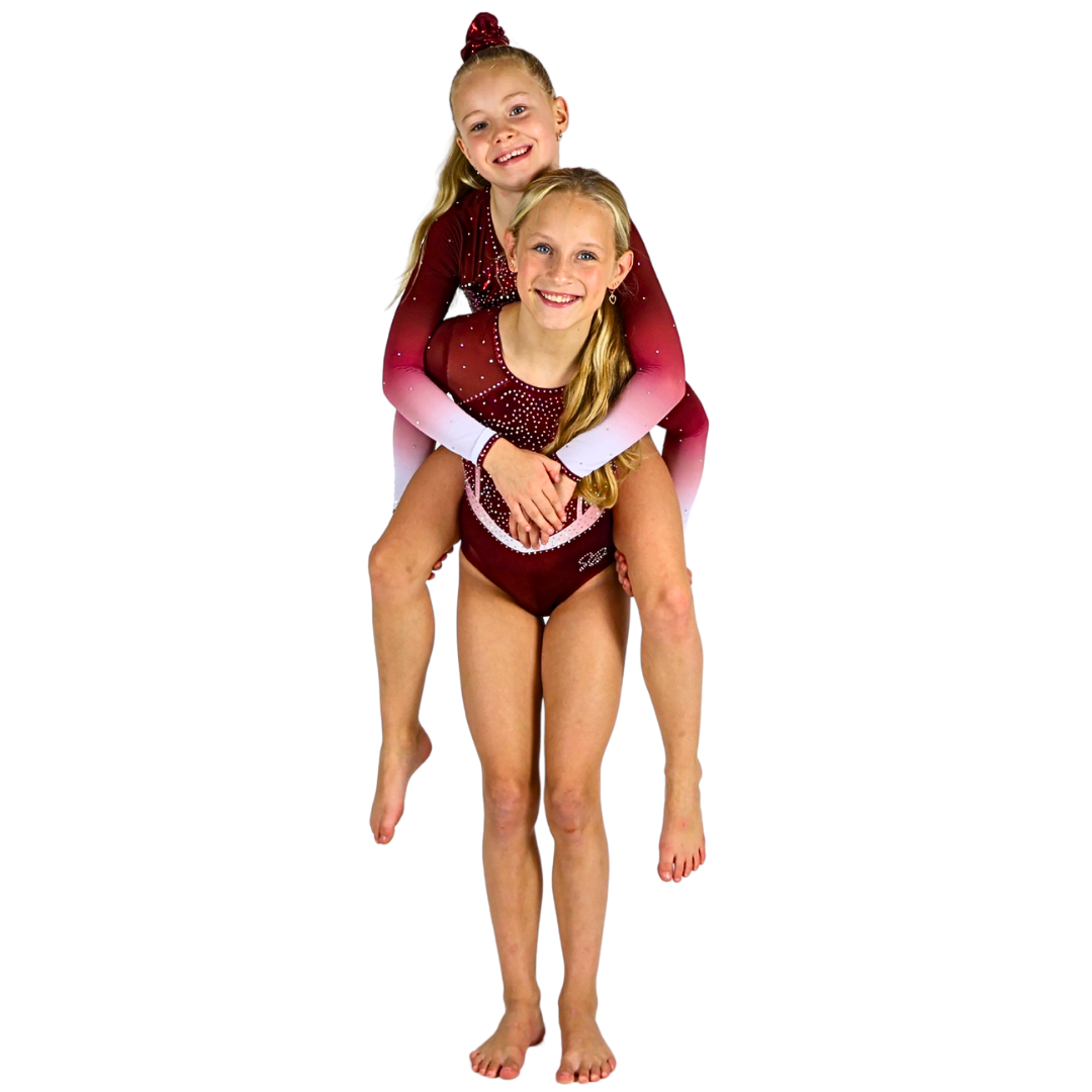 Quinty Bordeaux White Long Sleeve Gymnastics Leotard