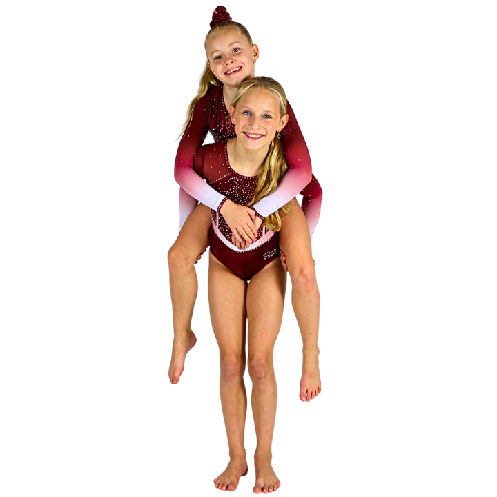 Quinty Bordeaux White Long Sleeve Gymnastics Leotard