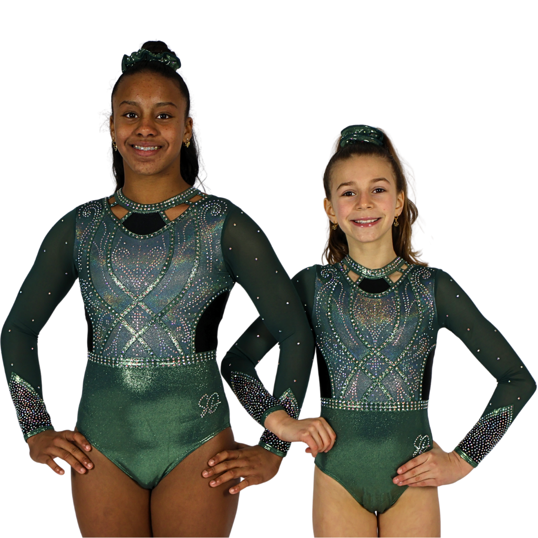 Justaucorps de gymnastique Elsa kaki vert noir manches longues