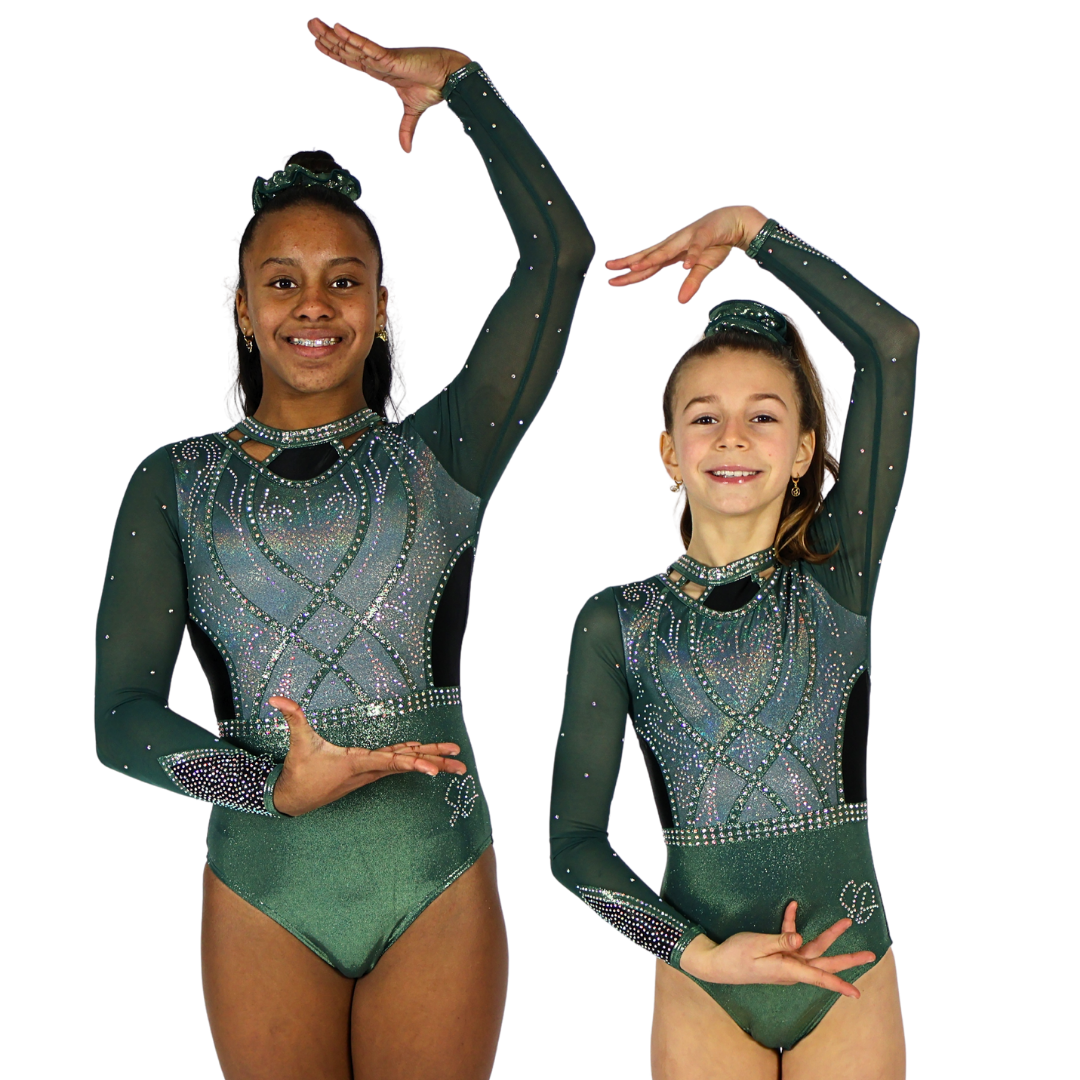 Justaucorps de gymnastique Elsa kaki vert noir manches longues