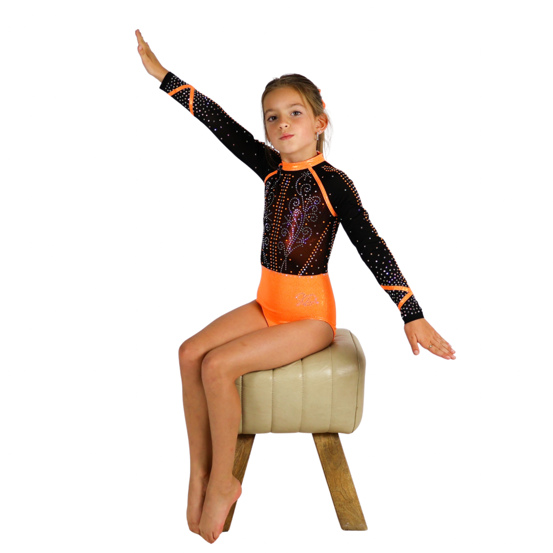 Tara Gymnastics Leotard Orange Black Long Sleeve Limited Edition