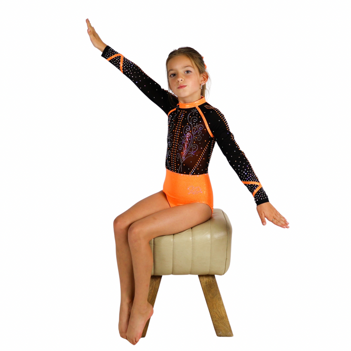 Tara Gymnastics Leotard Orange Black Long Sleeve Limited Edition