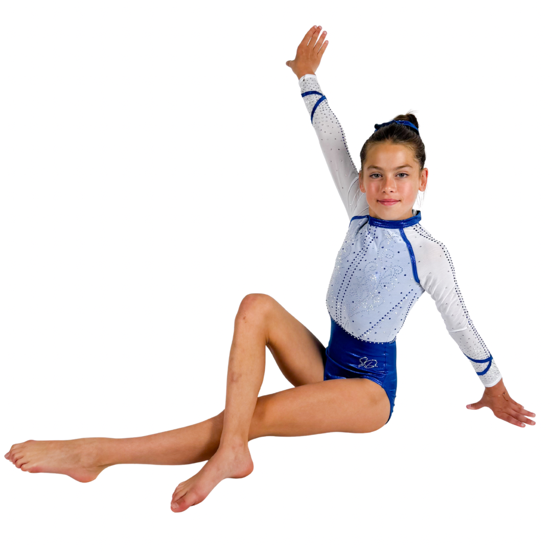 Tara Royal Blue White Long Sleeve Gymnastics Leotard Limited Edition